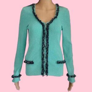Cache Aqua Black Fringe Ribbed Zip Cardigan Sweater 6 S M